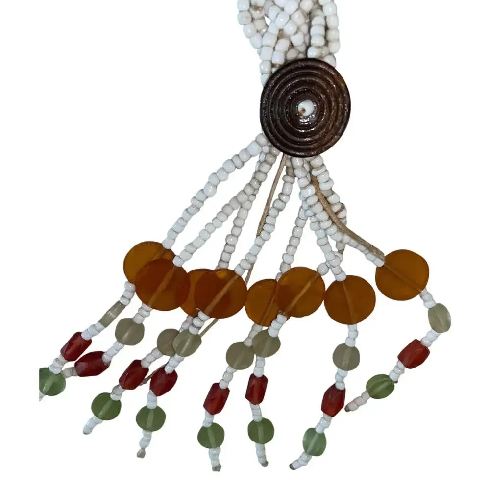 Anthropologie Braided Woven Beaded Belt with Wood Discs & Tassel Fringe